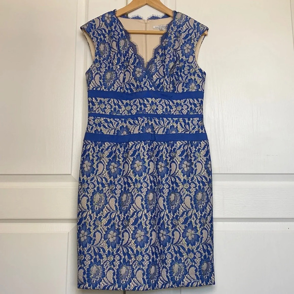 Simply Liliana Metallic Blue & Cream Lace Sheath Dress - Picture 2 of 9